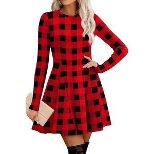 Women Plaid 2 Crew Neck Ribbed Knit Flare A-Line Long Sleeve Sweater Dress